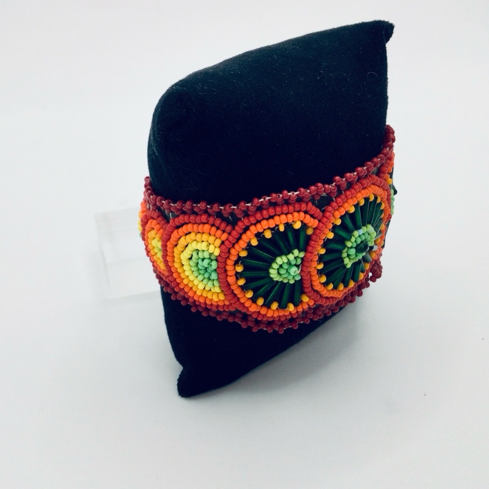 💙💚 Handwoven Beaded Statement Cuff | Tribal‑Inspired Artisan Bracelet (8”) - Picture 5 of 7